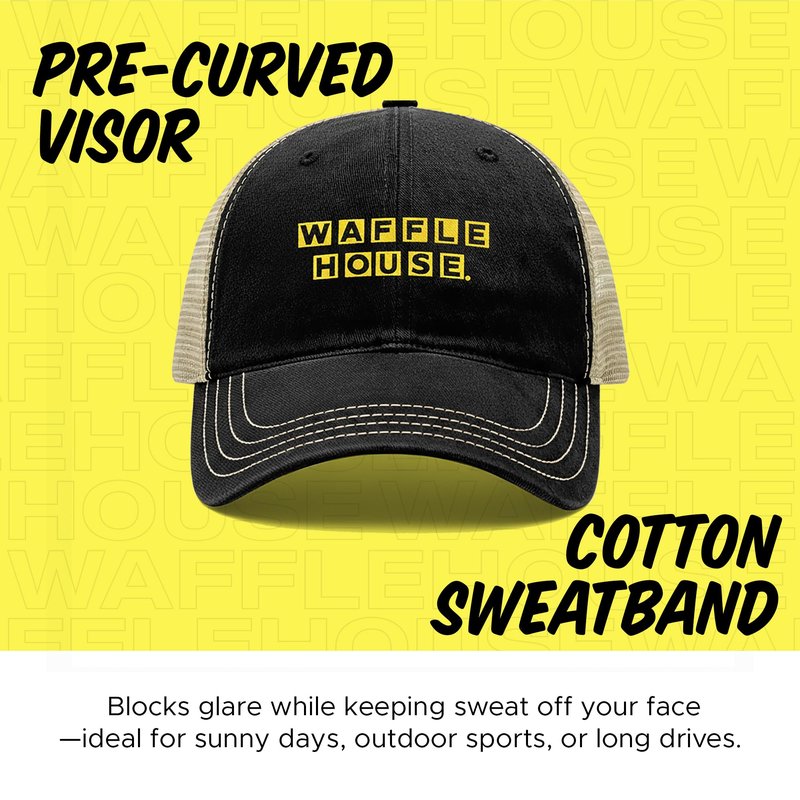 Waffle House Trucker Hat for Men – Garment Washed Mesh Back Cap, Relaxed Fit Adjustable Snapback, Soft Cotton Twill Front, Breathable Casual Trucker Hats