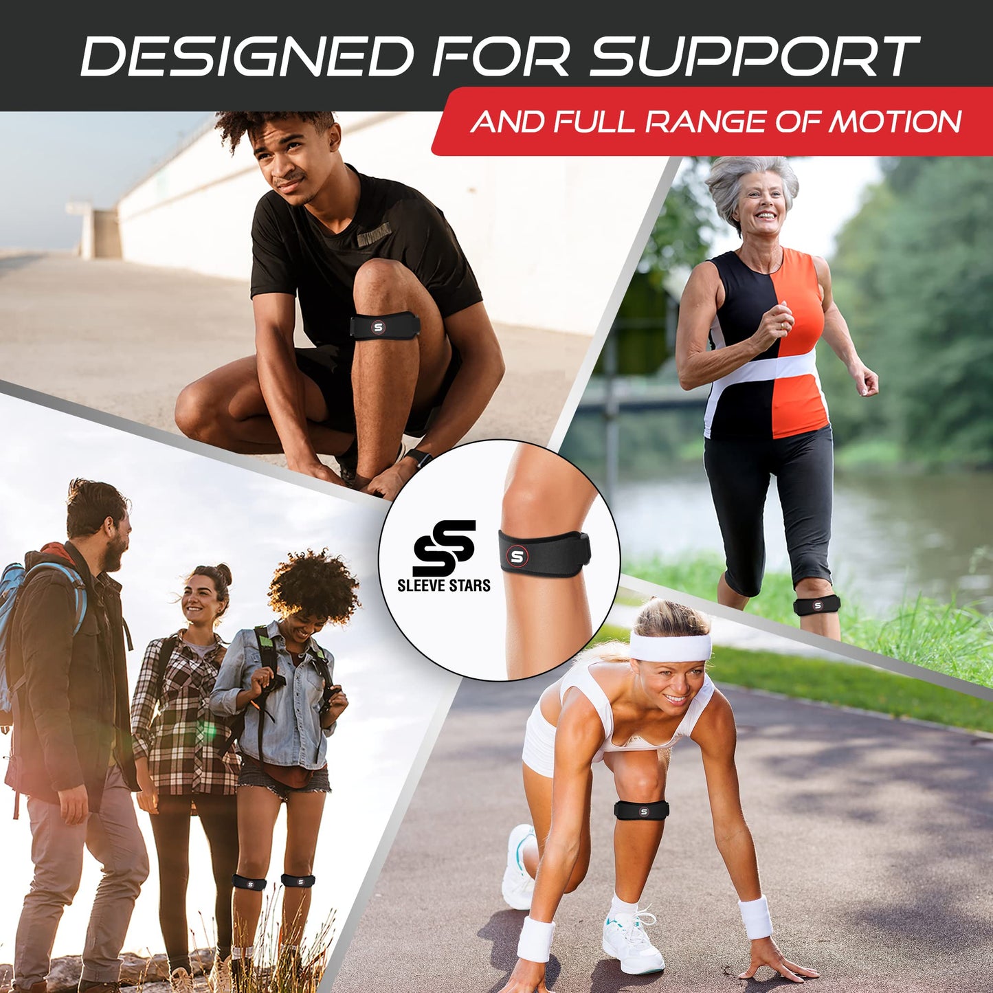 SS SLEEVE STARS Patellar Tendon Support Strap Swedish Brand for Women & Men Effective Osgood Schlatter Knee Brace Youth & Kids with 3 Adjustable Length fits 12"-24" (Pair/Black/Adult)