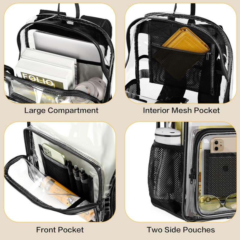 GEAMSAM Clear Backpack Transparent Heavy Duty Bookbag See Through Bag with Reinforced Bottom for College, Travel, Workplace Security - Black