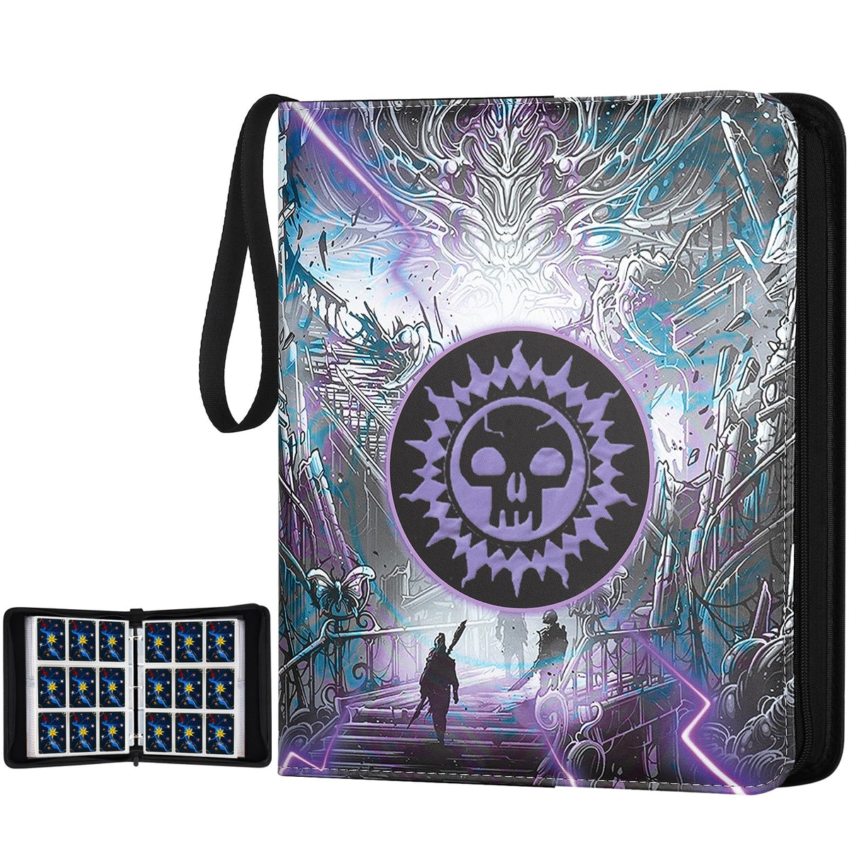 720 Pockets Round Ring Trading Card Binder, 9-Pocket Clear Zipper Card Album with Wrist Strap, Holds 720 Standard TCG Cards Compatible with Sports Baseball Football Game Cards (Purple Print)