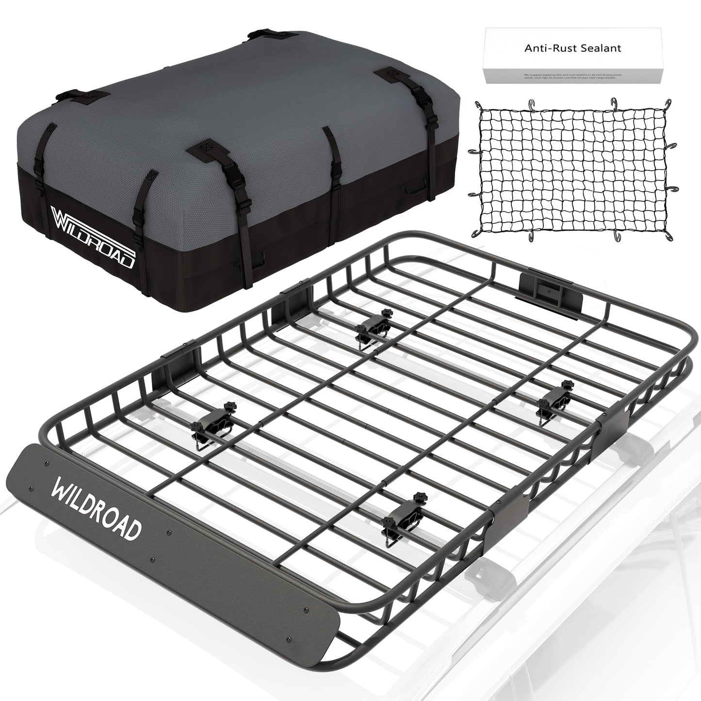 WILDROAD Car Roof Cargo Carrier Combo of Upgraded 64"x 39"x 4" Roof Rack Cargo Basket with 21 Cubic ft Ultra Waterproof Anti-Tear Fabric Cargo Carrier Bag and Super Duty Bungee Cargo Net