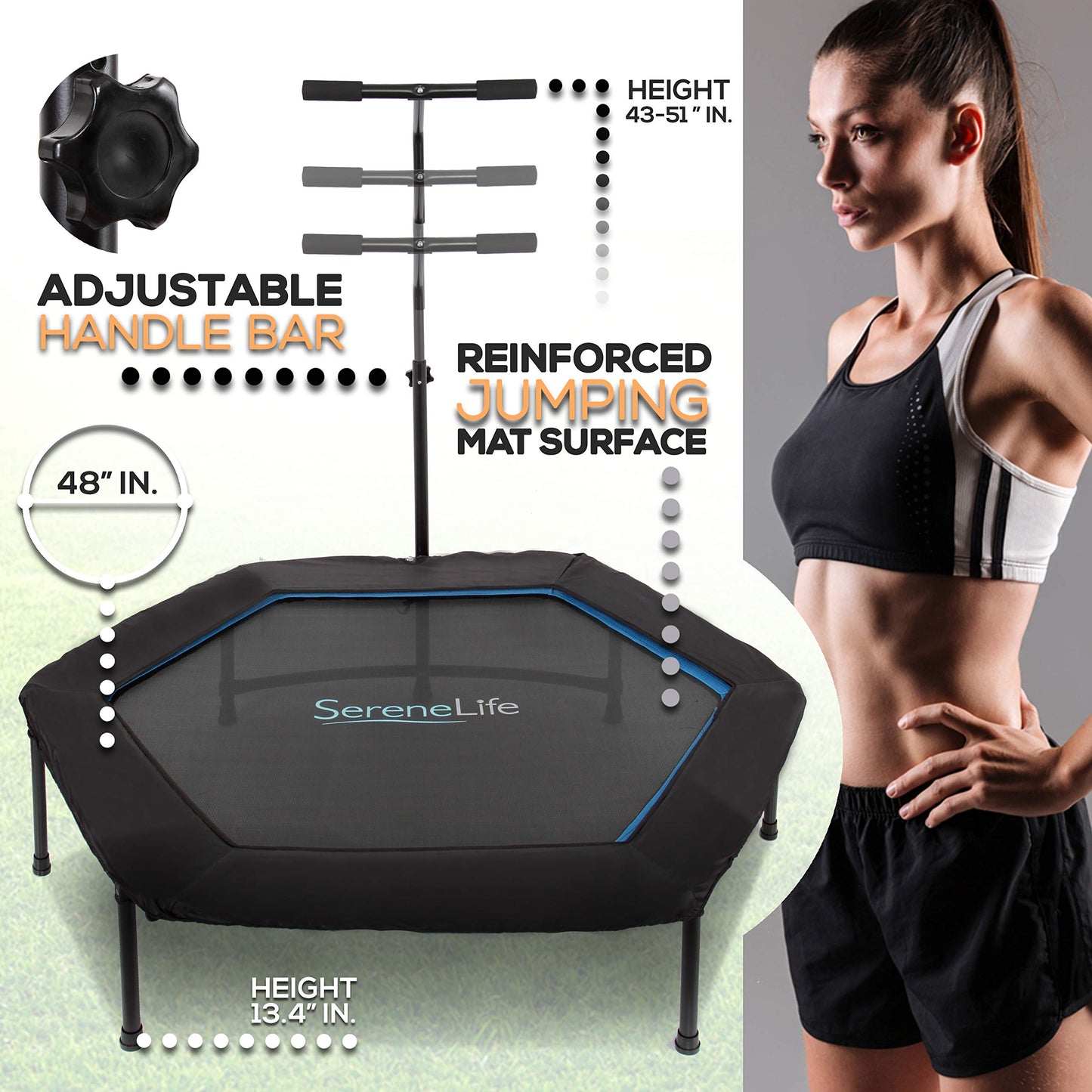 Fitness Exercise Rebounder Mini Trampoline - 48" Inch Hexagonal Jump Exercise Equipment Mini Trampoline for Adults - Rebounders Mini Trampolines for Adults with Bar Handle - SereneLife SLELT518 , Black