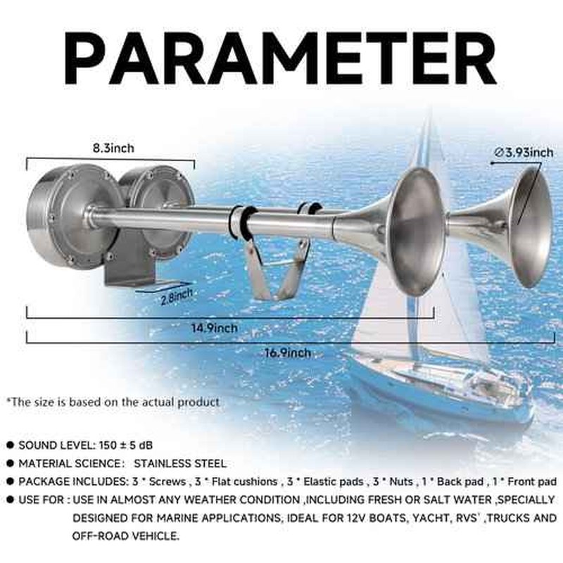 AOLIHAN 150db Boat Horn Deluxe: 12V Dual Horn Trumpet Upgrade - Polished Stainless Steel Marine Horns with Low & High Tones, Featuring Adjustable Horn Support（Upgraded Pair of Horns）