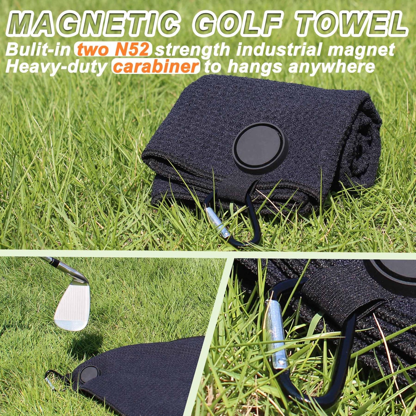 ULTLAT Magnetic Golf Towel-Max N52 Industrial Magnet with Rubber Cover and Carabiner, Top-Level Microfiber, Strong Hold to Golf Carts or Clubs, 24x16inch Lager Size, Functional and Durable&Black