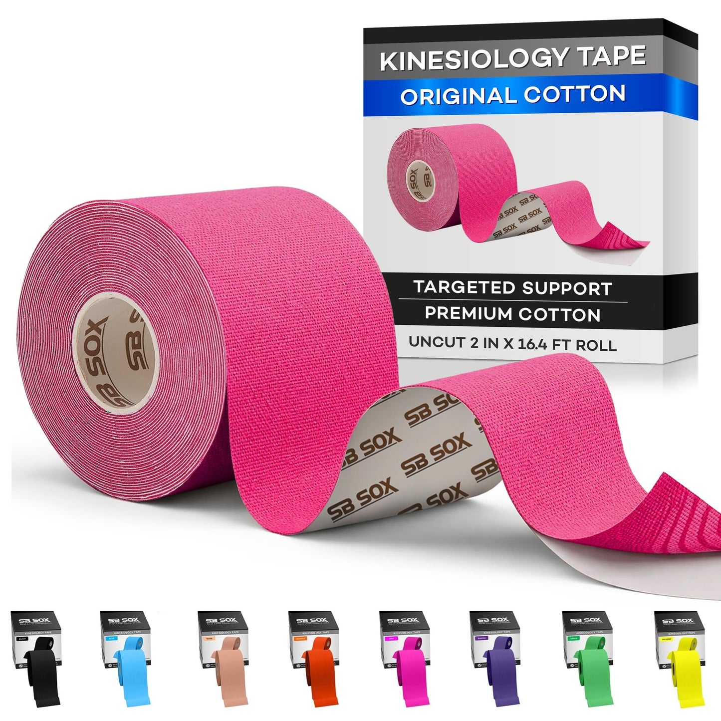 SB SOX Original Cotton Kinesiology Tape Roll – Best Latex Free Athletic Tape for Muscles/Joints – Waterproof, Stretchy, and Gentle on Skin (16ft) (Pink - Uncut)