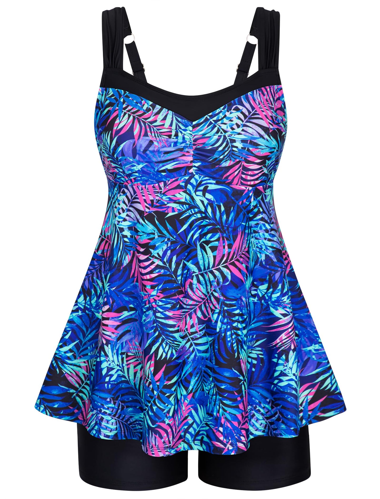 HUSKARY Swim Suits for Women 2026 2 Piece Full Coverage Conservative Tropical Tankini Swimsuits for Women with Shorts Blue Leaf Large