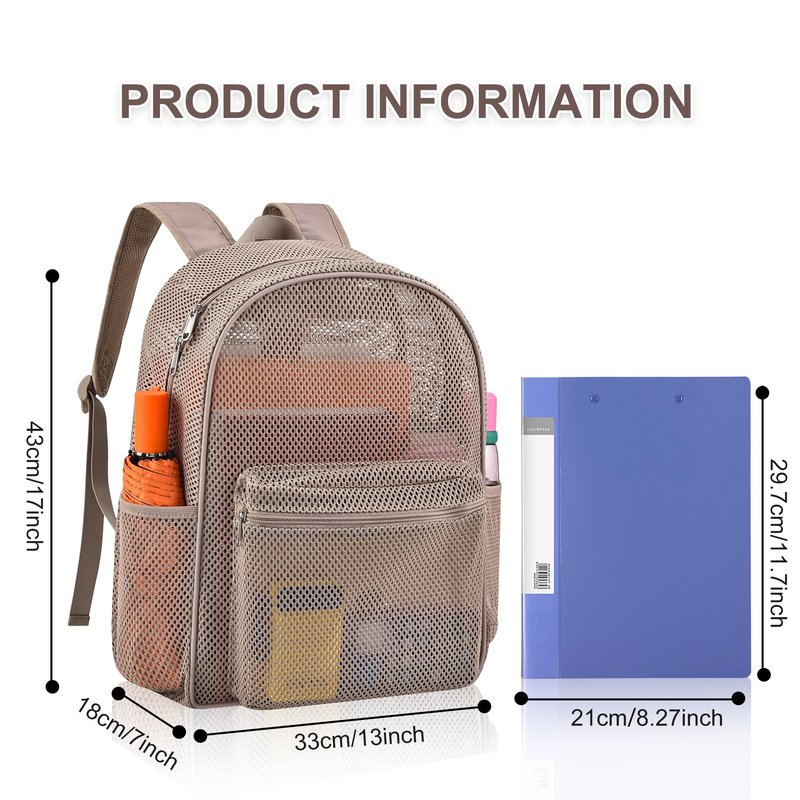 Oraben Heavy Duty Mesh Pack With Rain Cover See Through Backpack Mesh Backpack Bookbag Ideal for Class, Work, Travel, Beach Outings (Khaki)