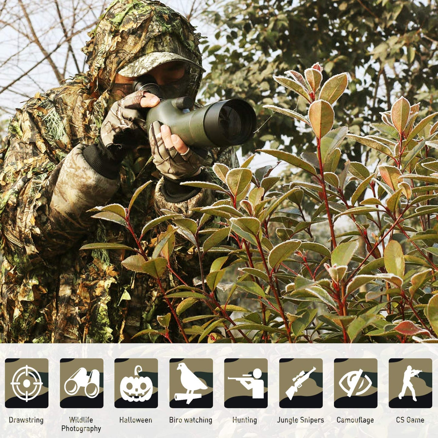 Outdoor Camouflage Ghillie Poncho 3D Leaves Hunting Cape Camouflage Cloak Stealth Ghillie Suit for Bird Watch Military CS Woodland