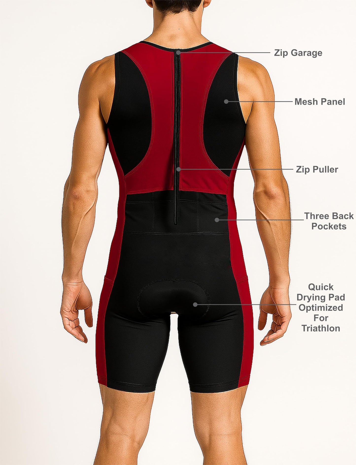 Wixen Men’s Triathlon Suit – Padded One-Piece Sleeveless Trisuit with Rear Zipper for Running, Swimming, Cycling – Red-S