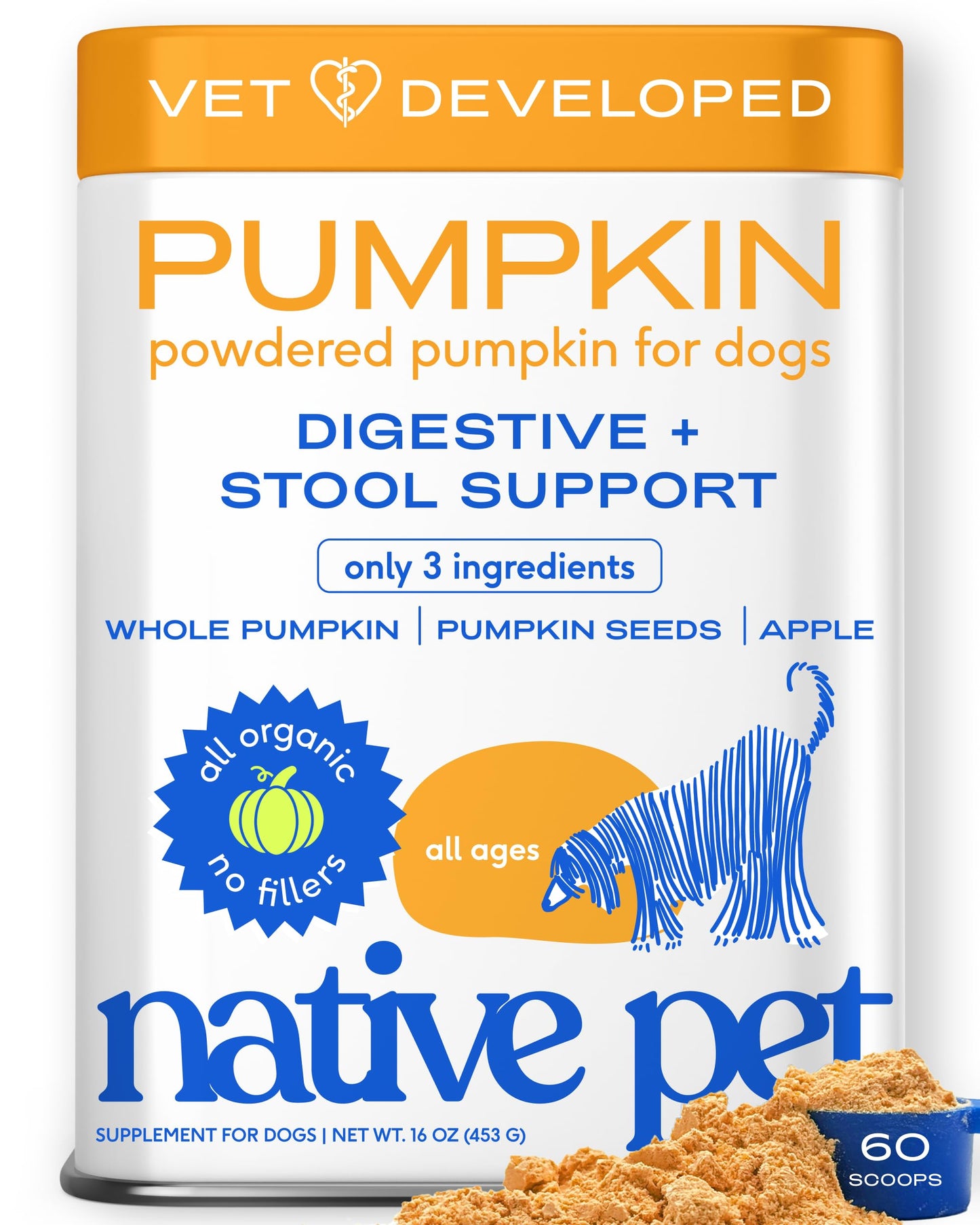 Native Pet Pumpkin for Dogs - Organic Dog Food Topper Powder - Promotes Firm Stools, Supports Digestive, Bowel Health & Nutrient Absorption - USDA Organic, Rich in Fiber with Real Pumpkin - 60 Scoops