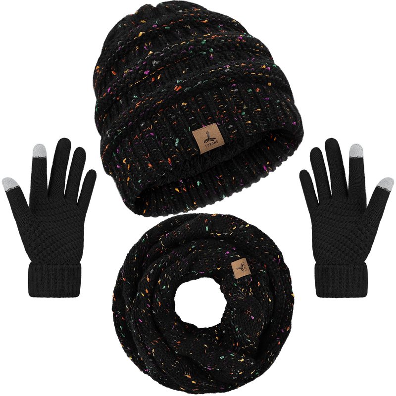 Winter Beanie Hat Scarf Gloves, Black Variegated Color Warm Fleece Knit Hats Touch Screen Gloves Neck Scarf Set