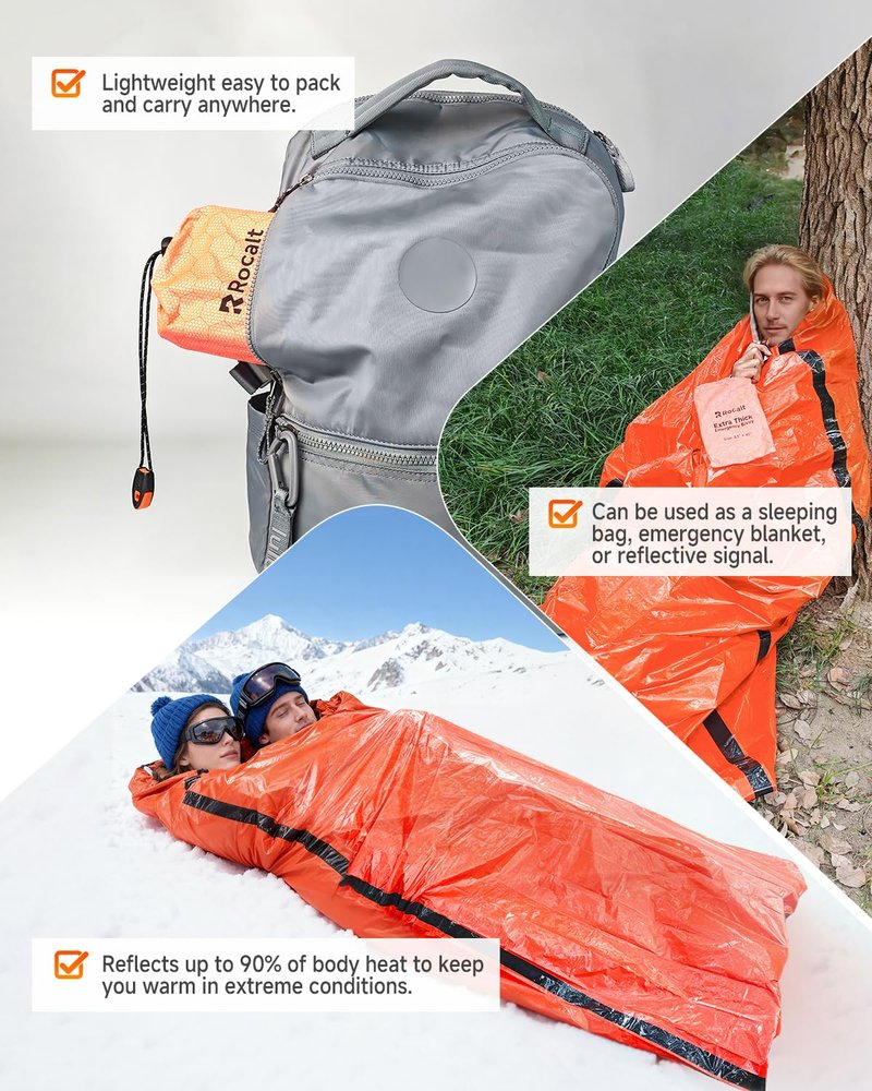 Rocalt Emergency Sleeping Bag, Ultralight Mylar Emergency Blanket, Waterproof & Portable Thermal Bivy Sack for Camping, Hiking, and Outdoor Adventures