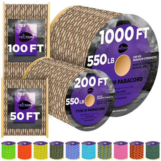 TECEUM Paracord Type III 550 Desert Camo – 50 ft – 4mm – Tactical Rope MIL-SPEC – Outdoor para Cord –Camping Hiking Fishing Gear and Equipment – EDC Parachute Cord – Strong Survival Rope 280b