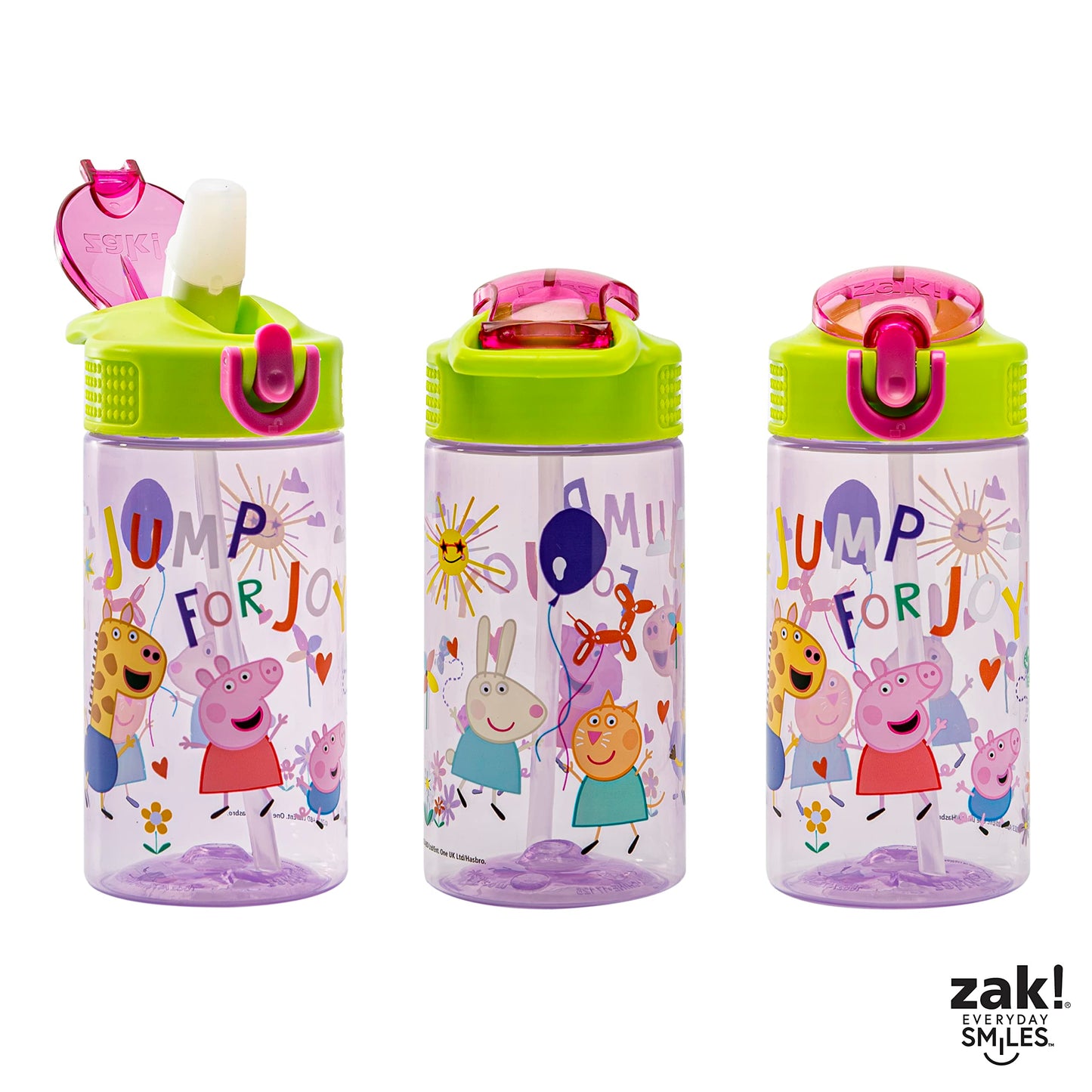 Zak Designs Peppa Pig Kids Water Bottle For School or Travel, 16oz Durable Plastic Water Bottle With Straw, Handle, and Leak-Proof, Pop-Up Spout Cover (Peppa & Friends)