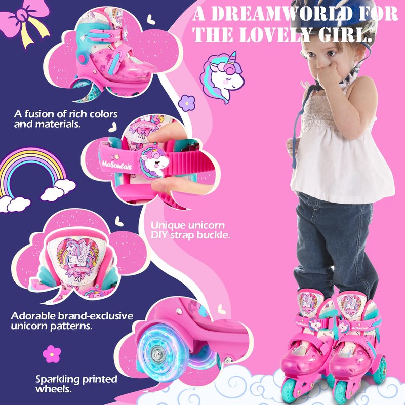 MoSoulais Unicorn Kids Roller Skates Adjustable Girls Roller Skate with Light Up Wheels Toddler Roller Skates Birthday Girly Gift for Youth Children Beginner Ages 5 6 7 8 - Pink S(10.5C-13C)