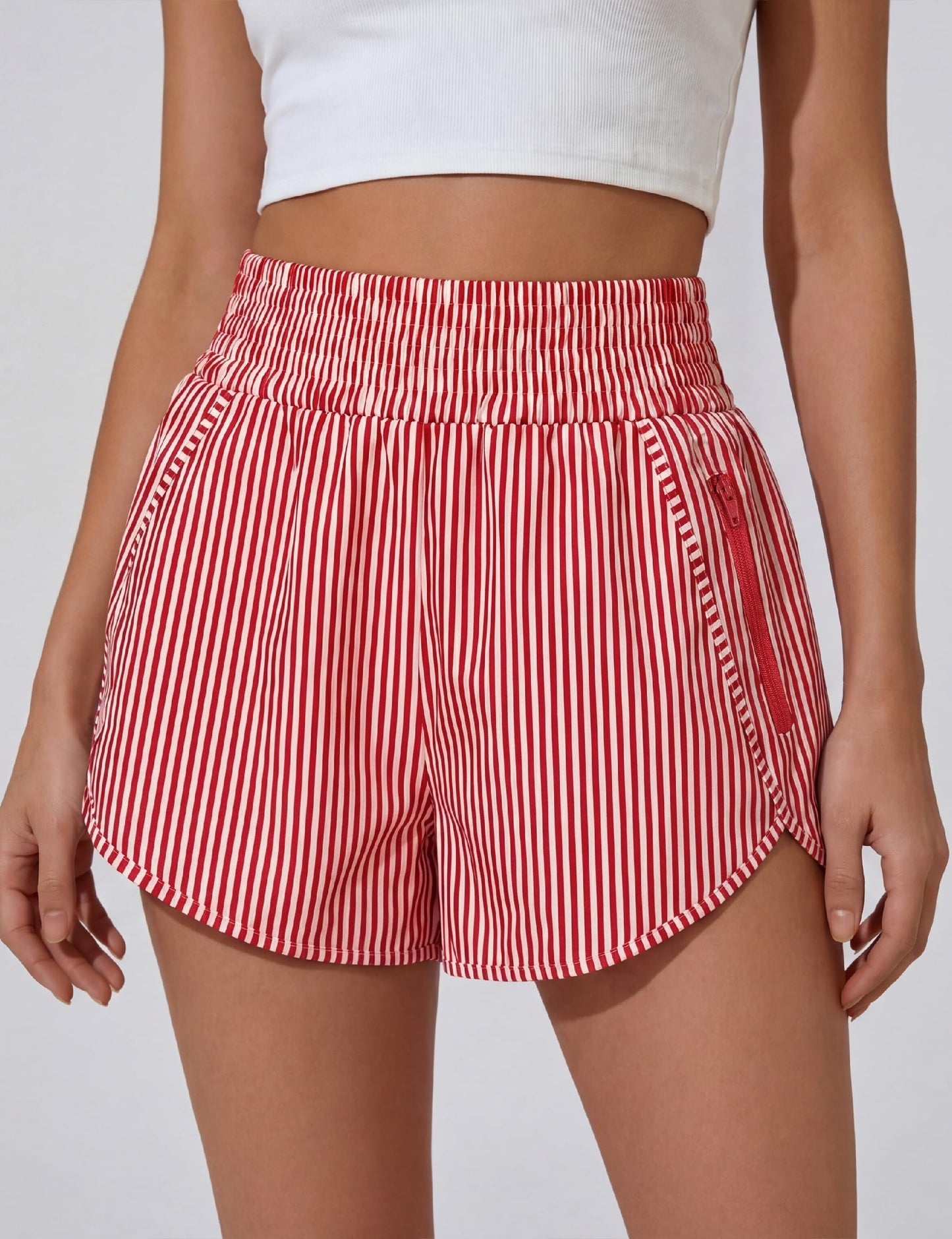 BMJL Women's Athletic Shorts High Waisted Running Short Pocket 2.5" Sporty Shorts Gym Elastic Workout Shorts(M,Red Striped)