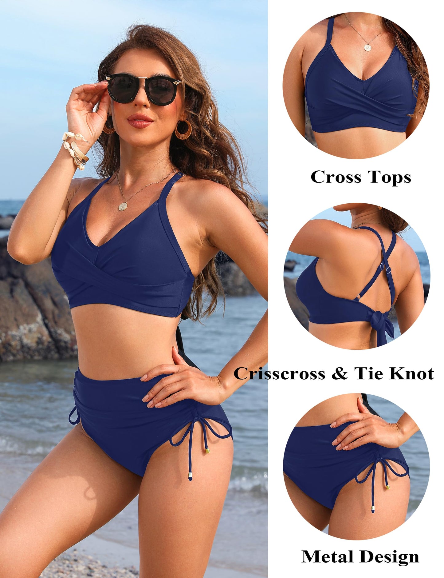 Blooming Jelly Womens High Waisted Bikini Sets Swim Suit Tummy Control Swimsuit Drawstring Bathing Suit (XX-Large, Blue)