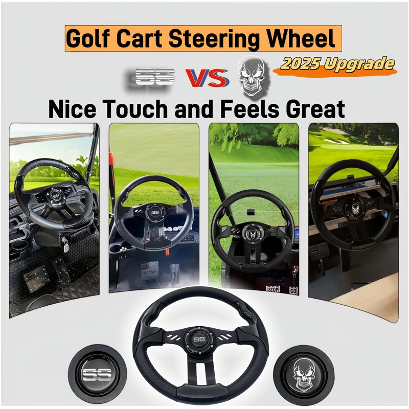 WUKO HUNT Luxury Style Golf Cart Steering Wheel - With Horn Button, with Premium Grip Leather and Ergonomic Design, Fit EZGO TXT/RXV/Club Car DS/Precedent/Yamaha Most Golf Carts (Black-Skull/SS)