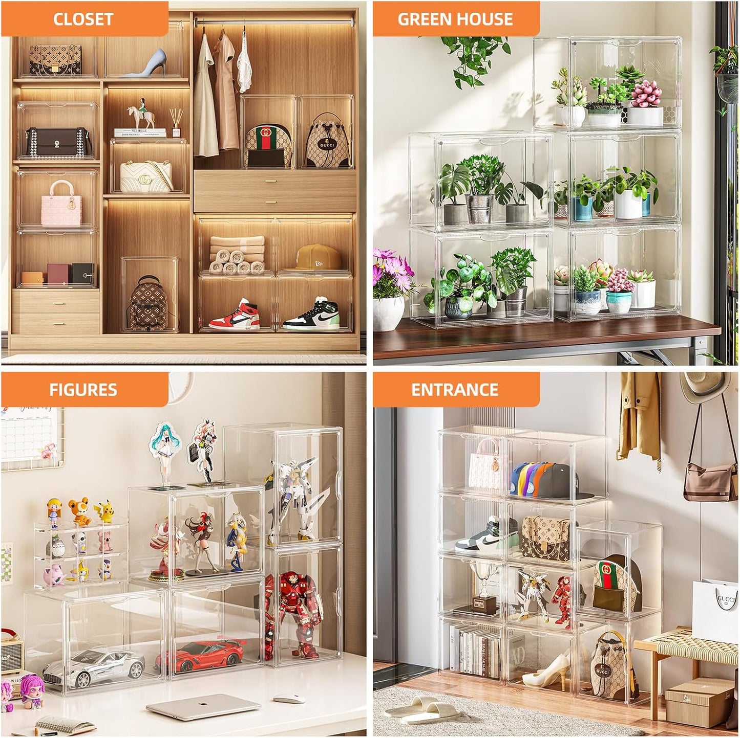 Clear Acrylic Display Case - Large Stackable Storage Bin with Magnetic Lids | 10.7x8.6x14.2 Inch for Collectibles, Figures, Handbags