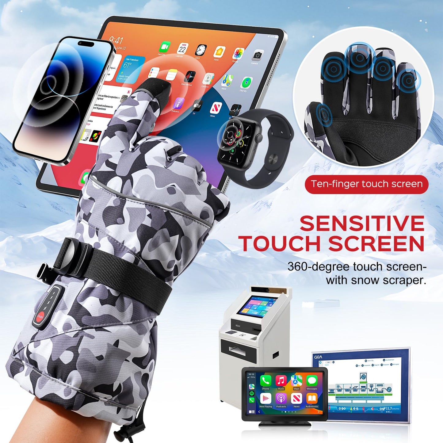 Acroutro Heated Gloves for Men&Women, 5-Temp Settings Camouflage Rechargeable with 7.4V 6400mAh Rechargeable Battery, Waterproof Touchscreen Winter Gloves for Skiing,Motorcycle, Work, Hunting（L）