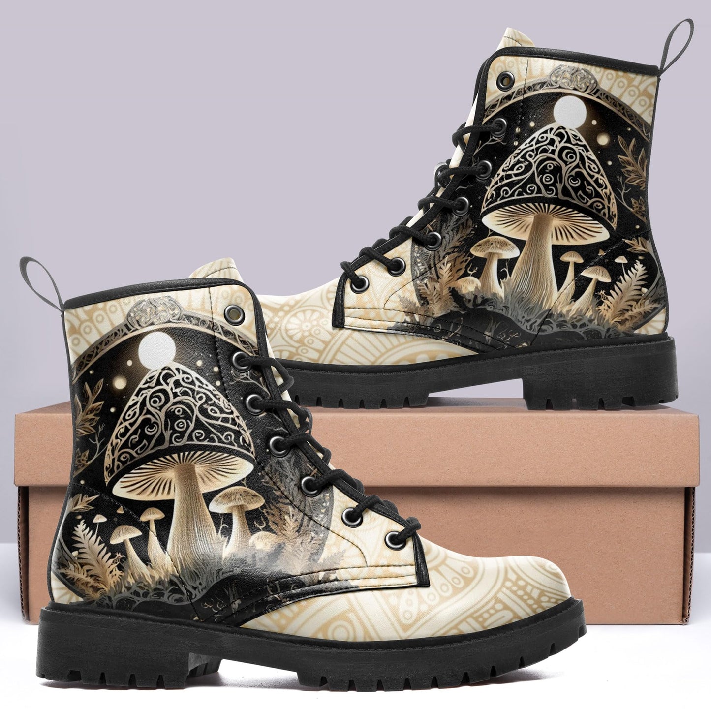 Women's Mid-Calf Combat Boots Leather Lace-Up Booties with Artistic Mushroom and Floral Patterns for Hiking,Daily Wear