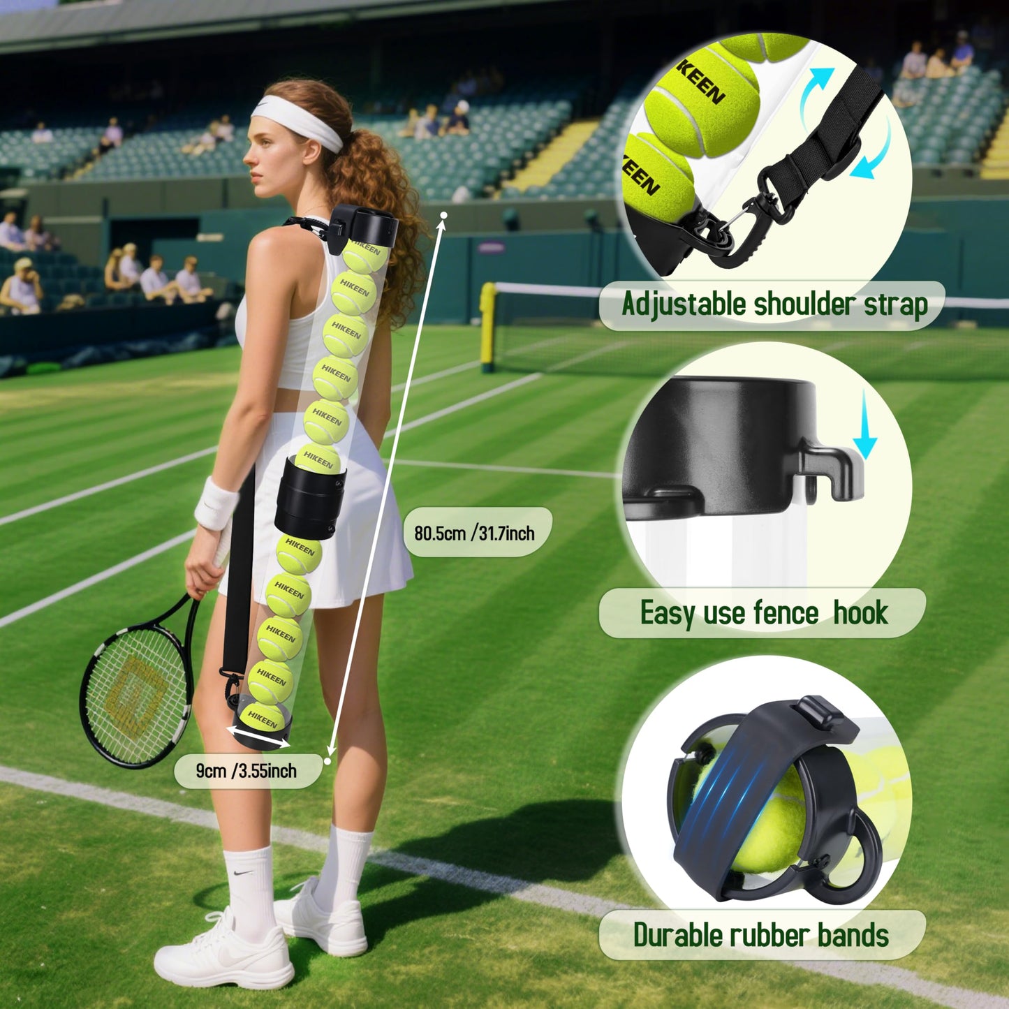 Hikeen Durable Tennis Ball Pick up Tube with 12 Tennis Balls,Quick Pickup & Storage Tennis Ball Tube with Shoulder Strap for Tennis Accessories - Includes 12 Balls