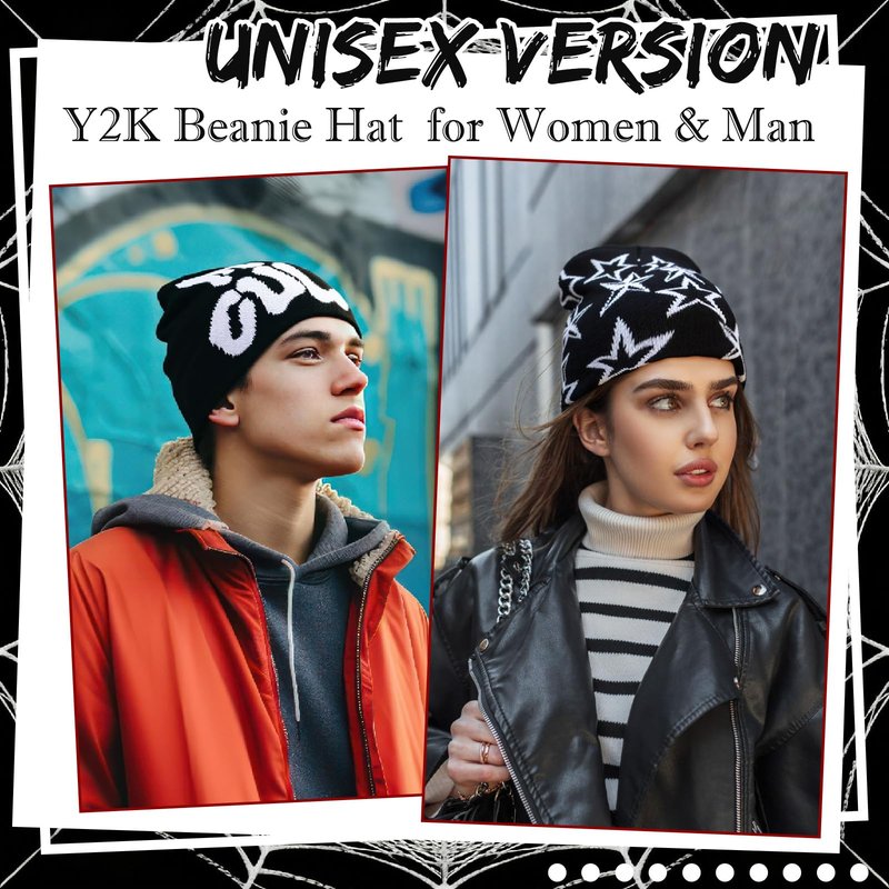 6 Pcs Y2K Knitted Beanies Spider Web Star Letters Pattern Beanie Cross Graphics Knitted Hat Casual Streetwear Outdoor Sports Trend Beanie for Men Women Black