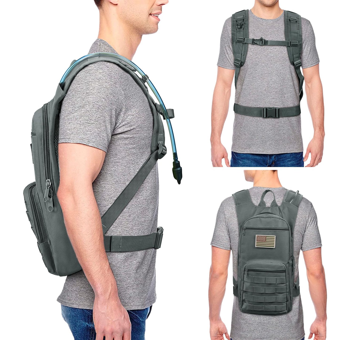 NOOLA 3L Hydration Backpack, Water Backpack with TPU Water Bladder, Tactical Hydration Pack for Men Women, Molle Water Backpack for Hiking, Biking, and Hunting, Grey
