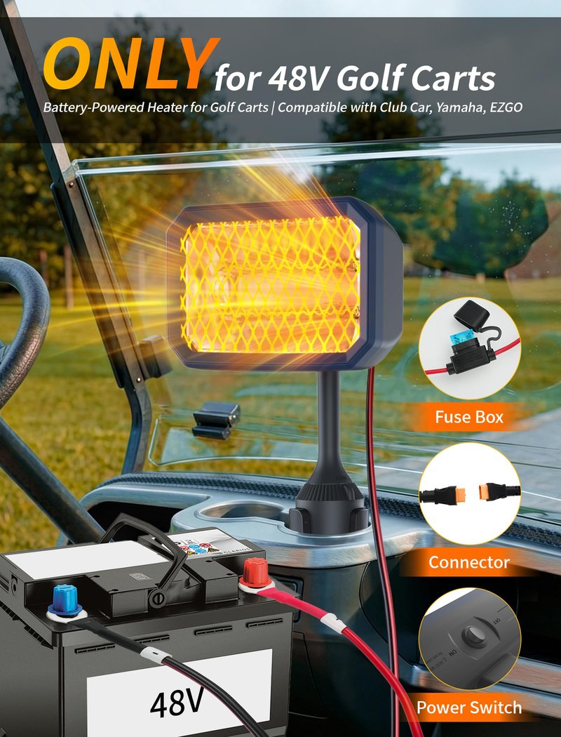 48V Electric Golf Cart Heater with Mid-Cable Quick-Disconnect, 400W Safe & Fast Silent Carbon Fiber Heating, 360° Rotatable Head, Compatible with Club Car/Yamaha/EZGO, Golf Cart Accessories, Golf Gift