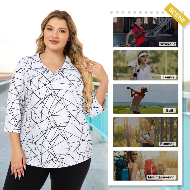 Koscacy 3/4 Sleeve Plus Size Golf Top Women, Quarter Zip Quick Dry Polo Shirt Loose Fit V-Neck Solid Tennis Half Sleeve Tops for Run Badminton Daily Casual Wear Blue