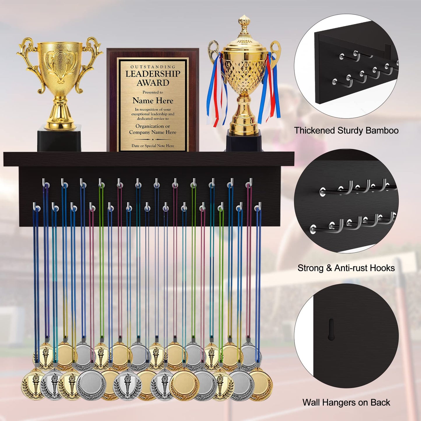 Purbambo Medal Hanger Display, Trophy Shelf with 25 Steel Hooks, Wall Mount Medals Holder for Gymnastics, Soccer, Running Awards - Dark Brown