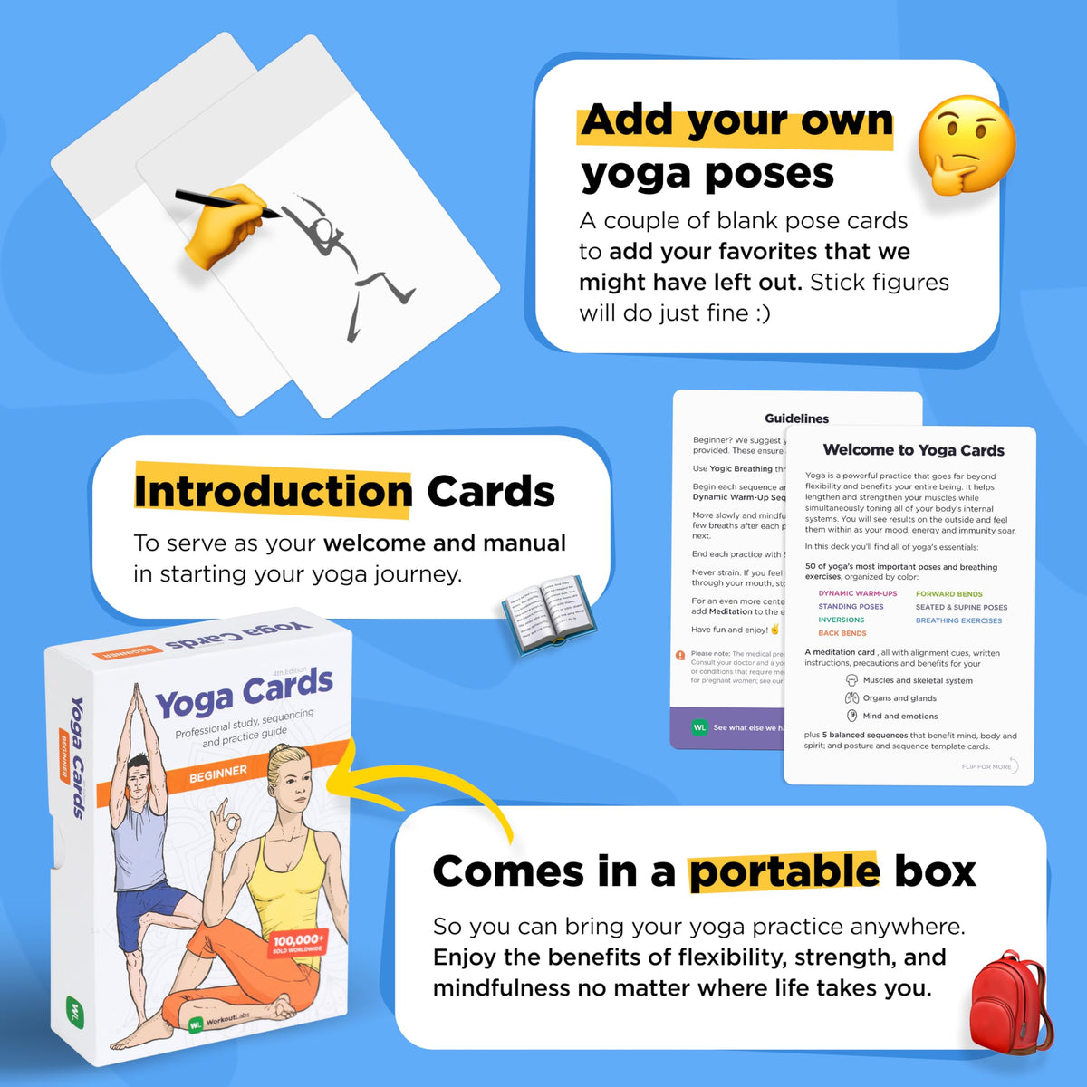 WorkoutLabs Yoga Cards – Beginner: Visual Study, Class Sequencing & Practice Guide with Essential Poses, Breathing Exercises & Meditation · Plastic Flash Cards Deck with Sanskrit