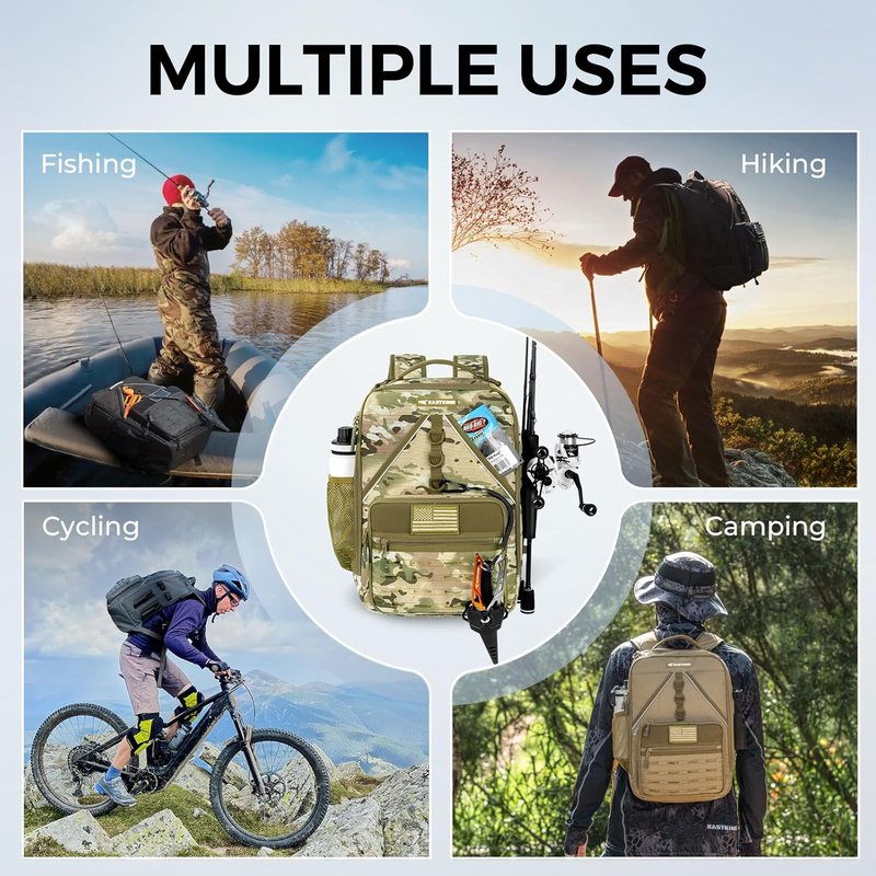 KastKing Fishing Tackle Backpack - Water-Resistant Gear Bag with 2 Rod Holders | Khaki Camo, Large Storage