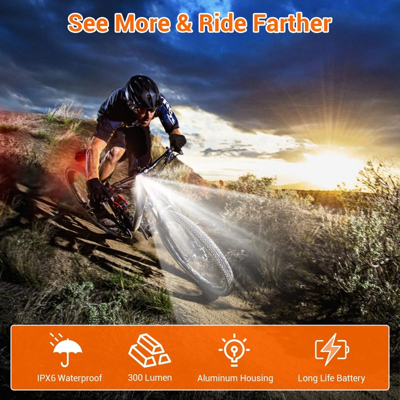 RIDWIND Bike Lights Set Rechargeable, 300 Lumen Bicycle Front and Rear Light, USB Bike Lights for Night Riding, 5+6 Modes, IPX6 Waterproof Cycling Safety Lights