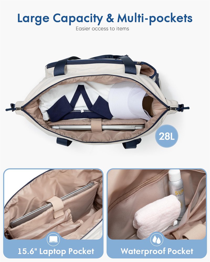 Smasrob Tennis Travel Bag for Women with Exterior Drawstring Racket Pocket and Separate Shoe Compartment, Weekend Bags with Wet Pocket and Laptop Pocket, Beige