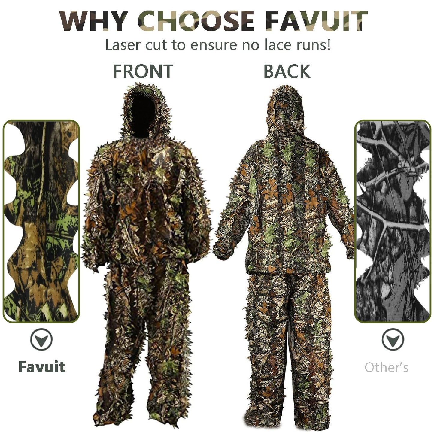 Favuit Ghillie Suit, 3D Leafy Camo Suits Hunting Camouflage Clothing Woodland Ghillie Apparel for Men Turkey Hunting Wildlife