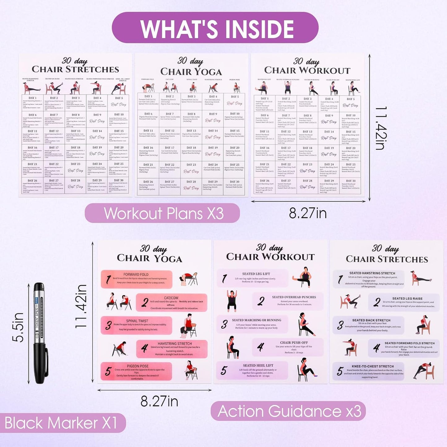 Karlaris 30-Day Chair Yoga Chart Set - 6-Pack Office Workout Posters for Seniors | Gentle Stretching & Seated Exercises