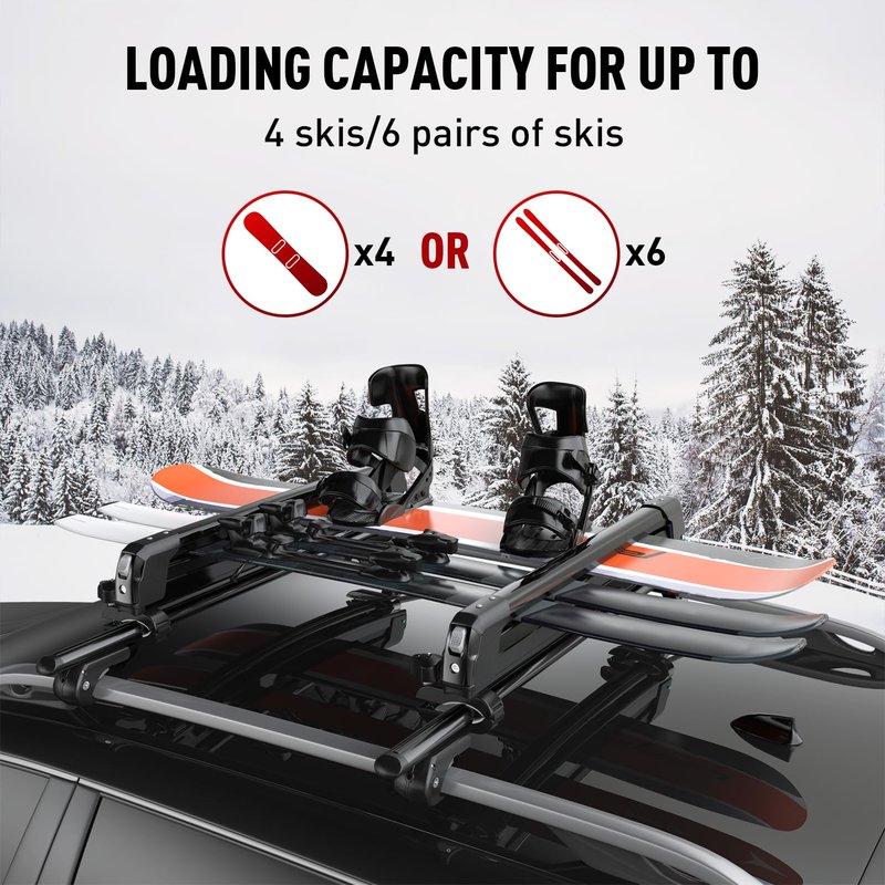 CRINDAR Ski & Snowboard Rack for Car Roof, Fishing Rod Rack, 27.5'' Loading Width Fits 6 Pairs of Skis or 4 Snowboards, Aluminum Roof Rack with Lock & Rubber Padding
