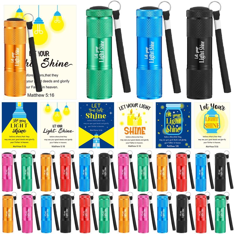 24 Set Christian Mini Flashlight Bulk Religious Gifts Let Your Light Shine Include 9-LED Flashlights Cards Packing Bag for Church Sunday School Party Favors,No Battery