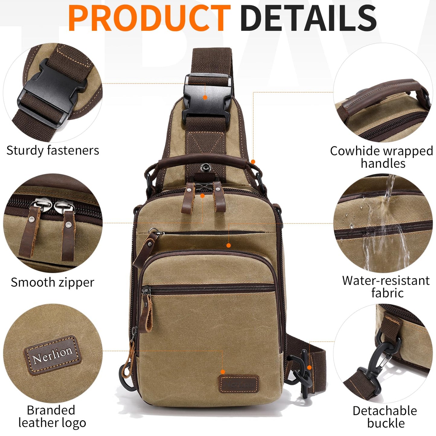 Nerlion Sling Bag for Men Waxed Canvas Crossbody Bag Chest Bag Shoulder Bag Casual Daypack for Travel (Khaki)