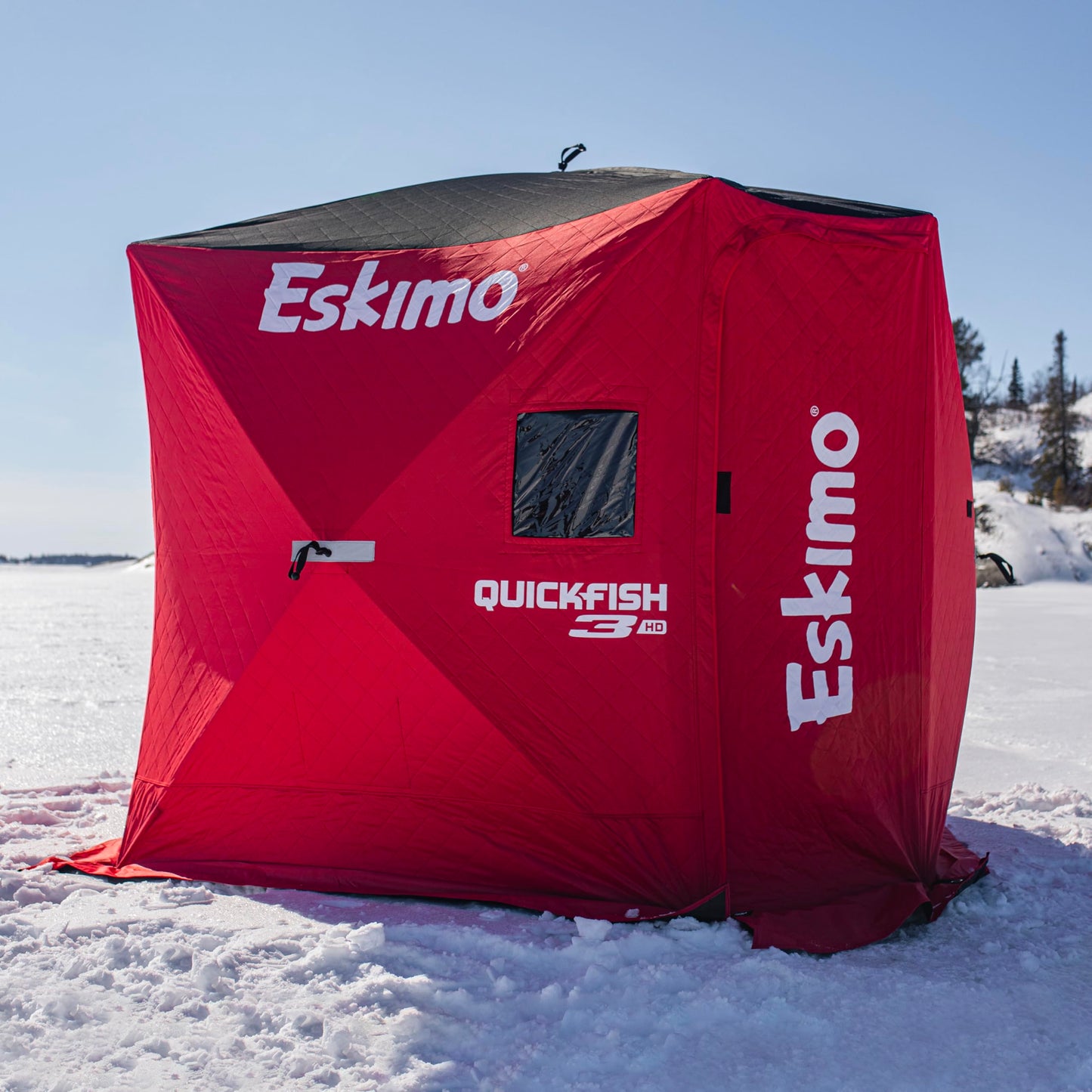 Eskimo QuickFish™ 3HD, Pop-Up Portable Shelter, No-Trip Door, Red/Black, Fully Insulated, Deluxe Ice Anchors, Three Person, Ice Fishing Shelter, 46075