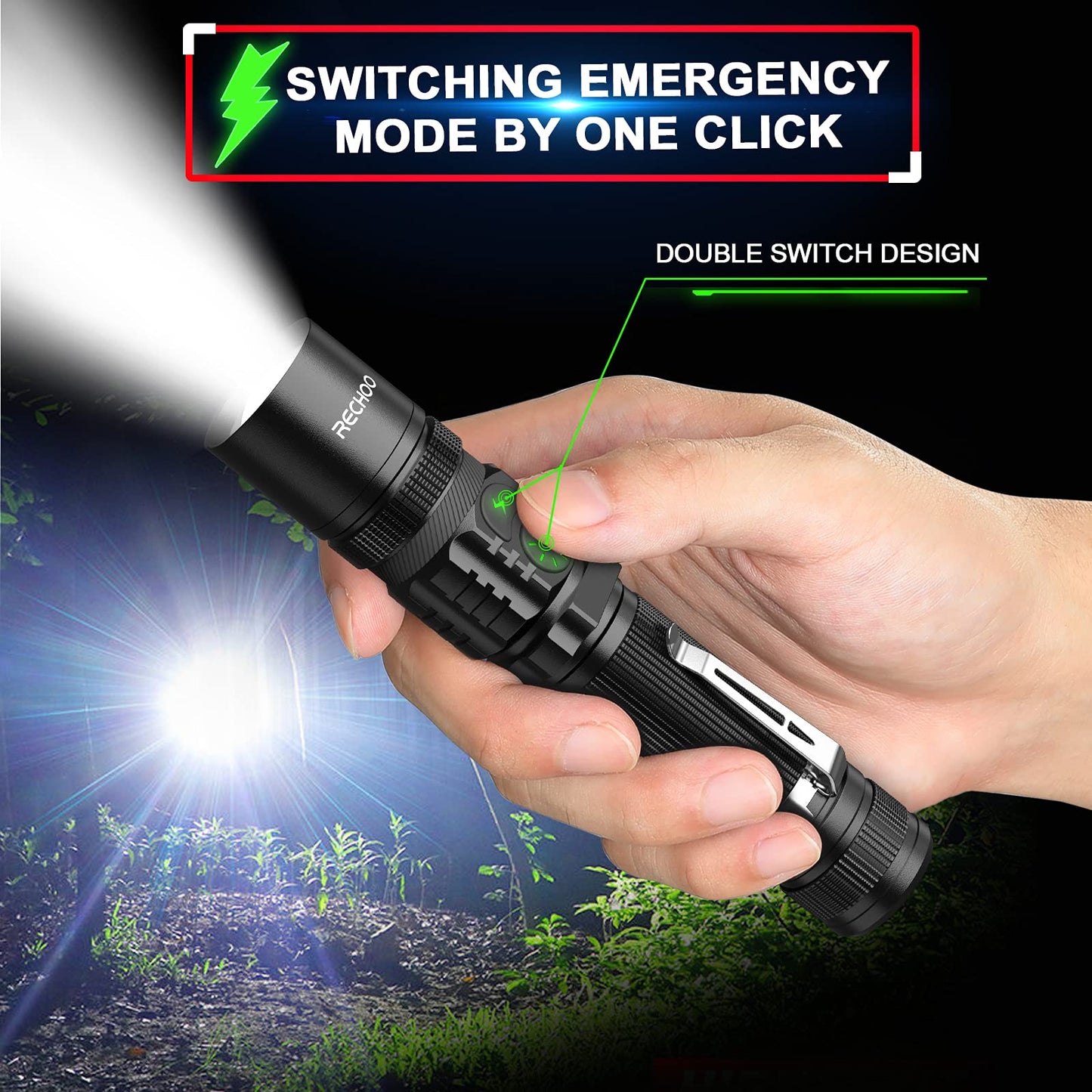 Rechargeable Flashlights 2 Pack, RECHOO High Lumens LED Tactical Flashlight with Double Switch, Small Bright Flash Lights with 5 Modes, Zoomable, IP65 Waterproof for Camping, Hiking, Emergencies