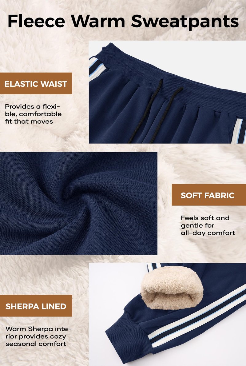 VOGSTART Men's Warm Casual Sweatpants New Deep Pockets Trousers Heavyweight Solid Classic Striped Thermal Lined Fleece Athletic Thick Stretchy Streetwear Sherpa Outdoor Joggers Navy L