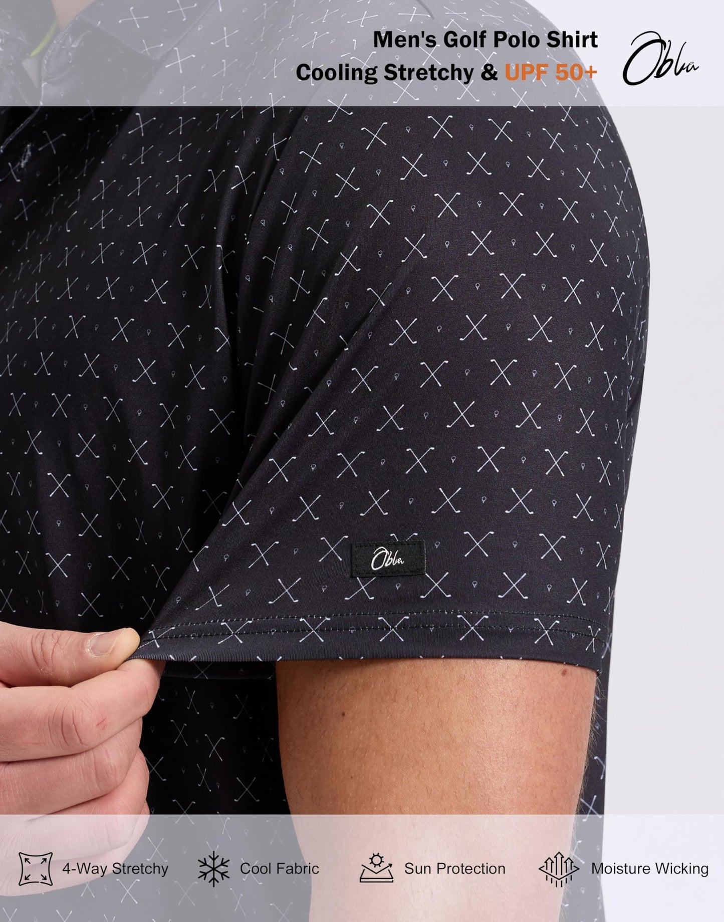 Obla Mens Golf Polo Shirts Short Sleeve Dry Fit Performance Moisture Wicking Casual Print Collared Golf Shirts for Men (Black Golf Clubs_XXXL)