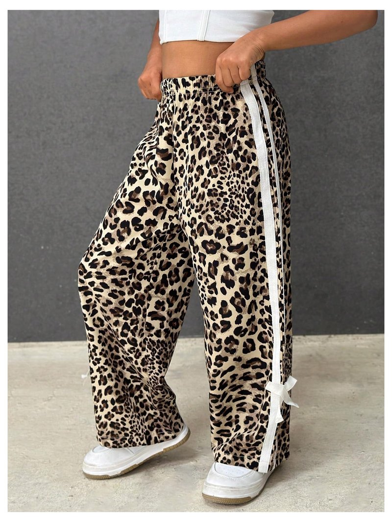 GORGLITTER Girl's Leopard Cheetah Print Pants Baggy Animal Wide Leg Sweatpants Y2K Bow High Waist Loose Joggers Bottoms Brown 7 Years