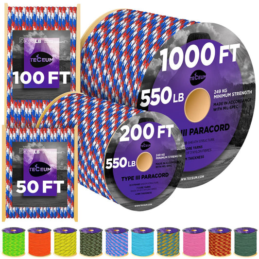 TECEUM Paracord Type III 550 Patriot – 50 ft – 4mm – Tactical Rope MIL-SPEC – Outdoor para Cord –Camping Hiking Fishing Gear and Equipment – EDC Parachute Cord – Strong Survival Rope 910b