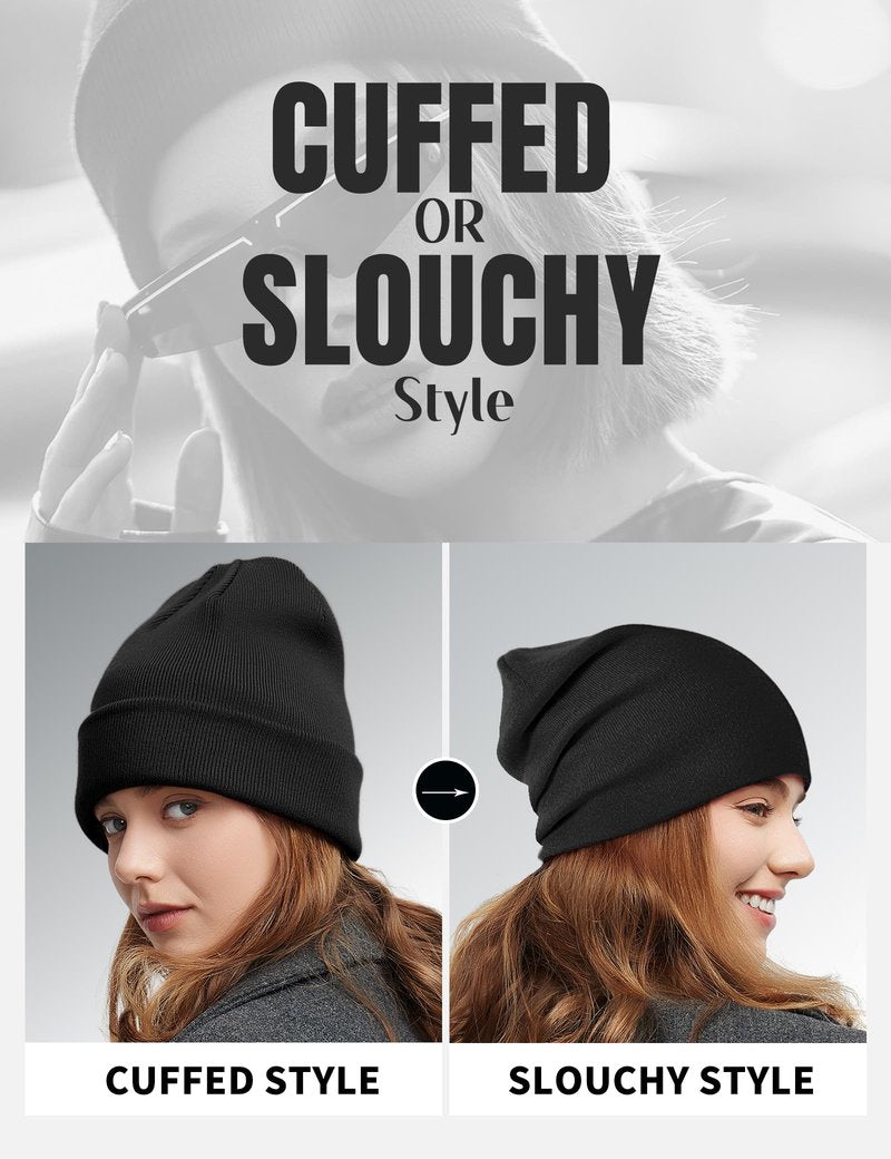 Fleece Lined Wool Beanie for Men Women, Knit Winter Hats Warm Cuffed Stocking Skull Cap Fashion Slouchy Beanies, Black