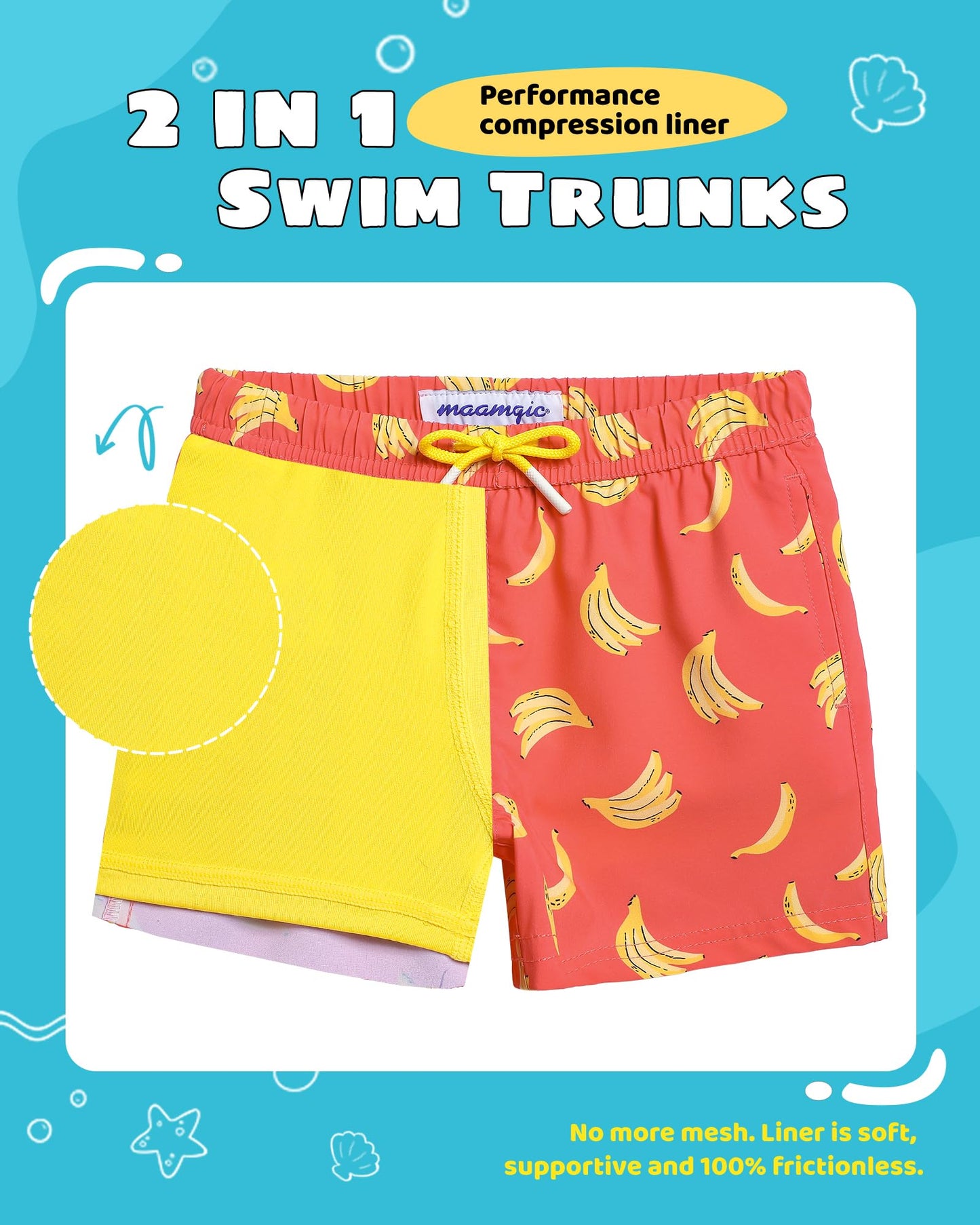 maamgic Boys Swim Trunks with Compression Liner Toddler Stretch Swim Shorts Quick Dry Swimming Trunks Boxer Brief 2 in 1 Beach Shorts Orange Banana 5/6