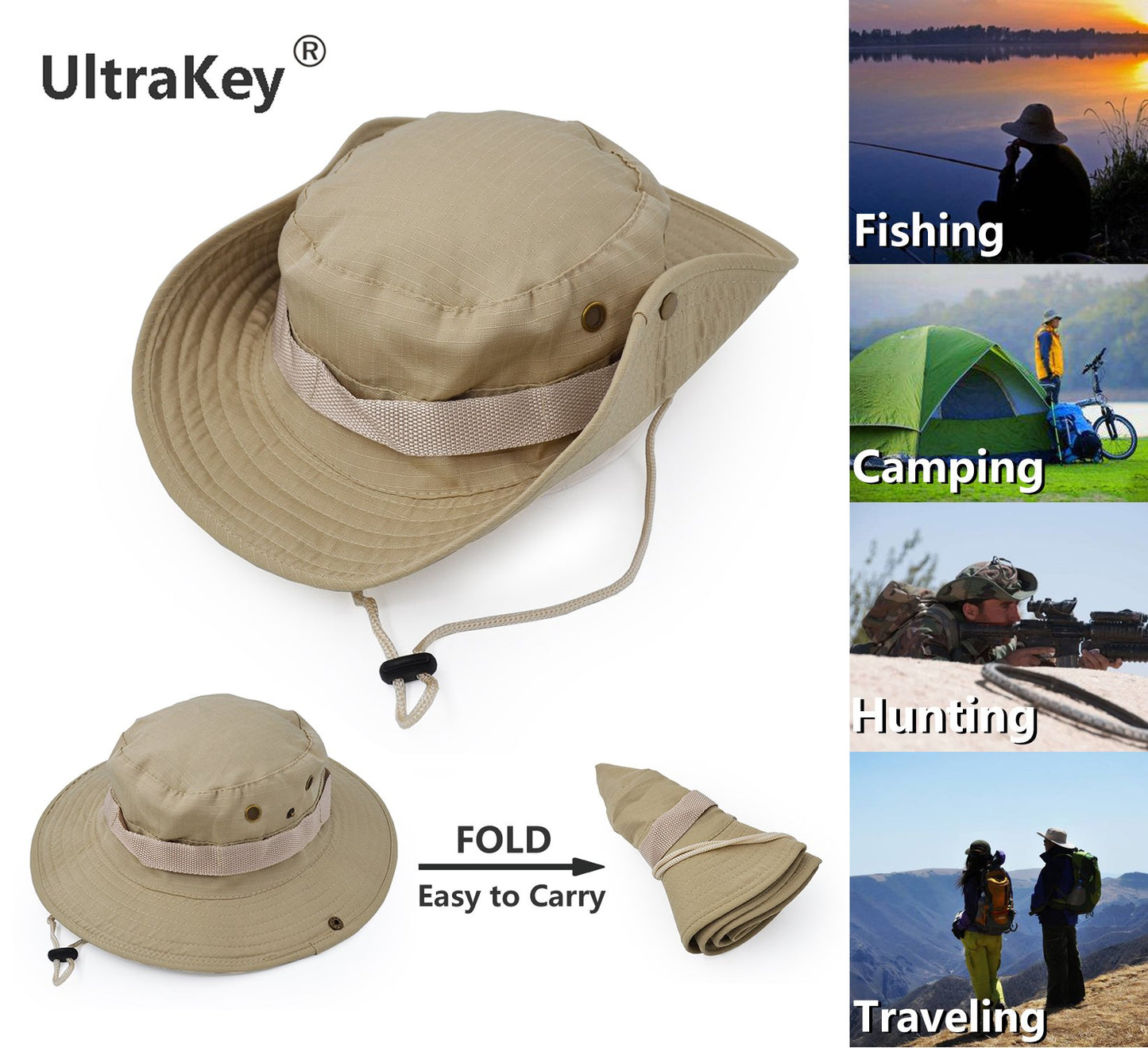 Outdoor Wide Brim Sun Protect Hat, Classic US Combat Army Style Bush Jungle Sun Cap for Fishing Hunting Camping Light Khaki 1