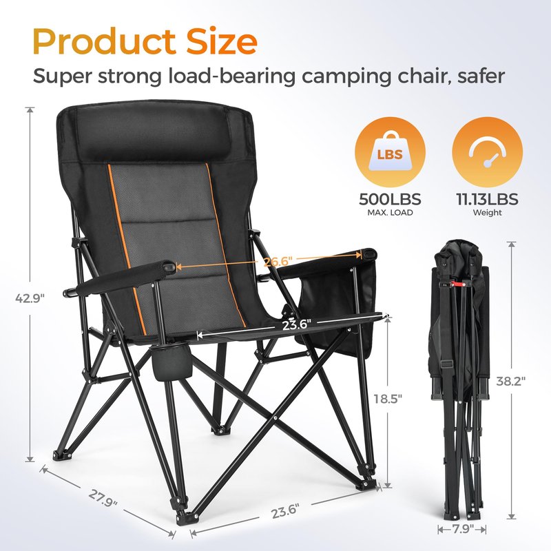ALPHA CAMP Heavy Duty High Back Camping Chairs 500LBS Capacity Oversized Folding Chair Outdoor Chair with Headrest,Lawn with Side Pocket for Lawn, Sports and Fishing, Black,1PC